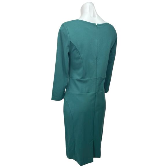 Ann Taylor Blue Green V-Neck 3/4 Sleeve Knee Length Ponte Knit Sheath Dress 4 - Picture 2 of 5